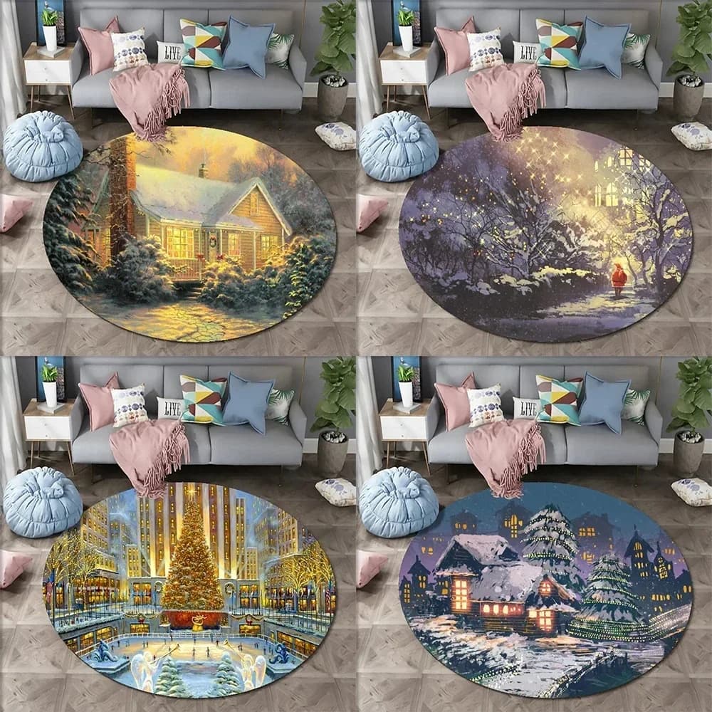 Tappeto rotondo con paesaggio di strada della vigilia di Natale, cartone animato, paesaggio notturno di Natale, tappeto per soggiorno, camera da letto, tappetino per porta d'ingresso di casa