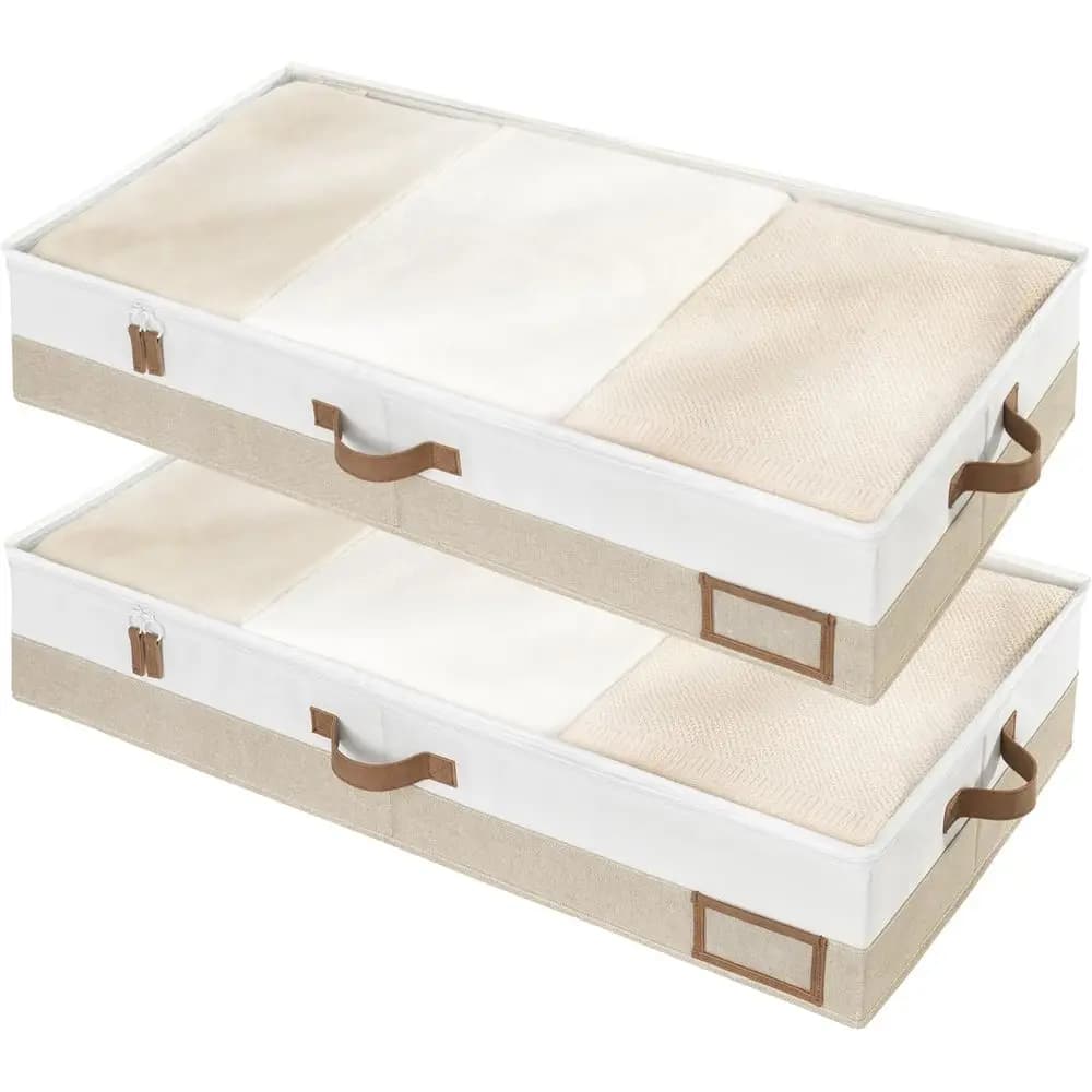 Set di 2 Scatole Portaoggetti Sottoletto in Tessuto Resistente con Maniglie e Portaetichette per Organizzare Vestiti, Coperte e Altro