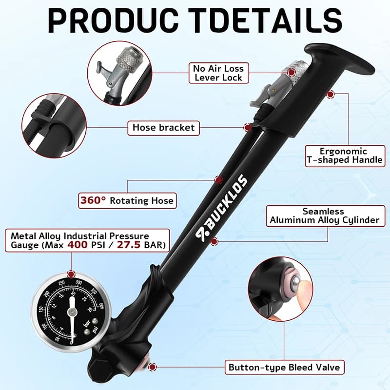 BUCKLOS 400PSI Bicycle Air Pump 300PSI Fork Inflator Schrader Presta Bike Pump 20/27.5 MTB Rear Shock Bike Pump with Gauge