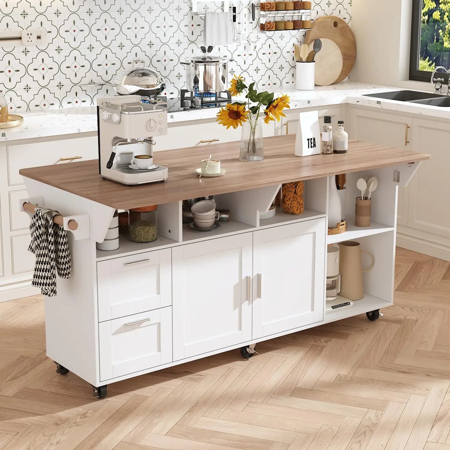 Carrello per isola da cucina da 63" con ribaltina pieghevole, tavolo per isola con ripiani regolabili, portasciugamani e cassetti, isola da cucina