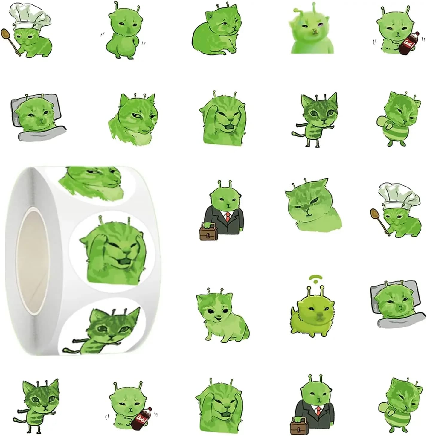 500pcs Funny Alien Cat Meme Stickers Green Alien Decals For Laptop, Water Bottle, Journal, Scrapbooking, Planner Decoration