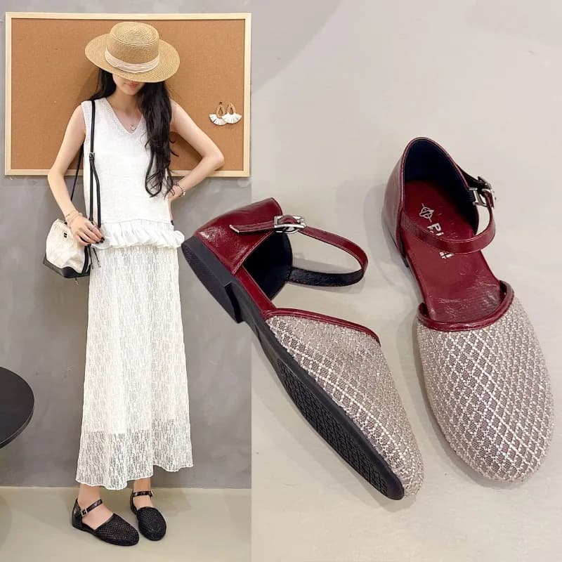 Sandali avvolgenti da donna in stile francese con design traforato, calzature estive, scarpe basse con strass