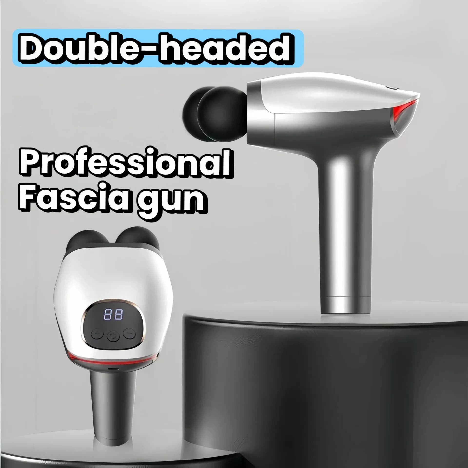 Dual-head massage gun, LCD display, 5-level adjustment, 4 massage heads, deeply relieves tense muscles.