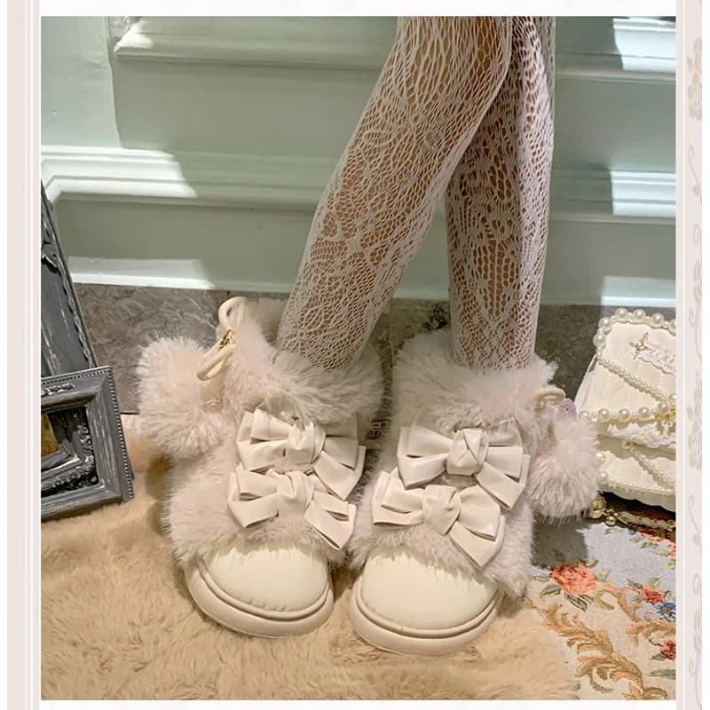 Pinkyo Stivali corti caldi autunno/inverno in finta lana d'agnello con fiocco beige originale Lolita Stivali da neve per ragazza Sweet Wind