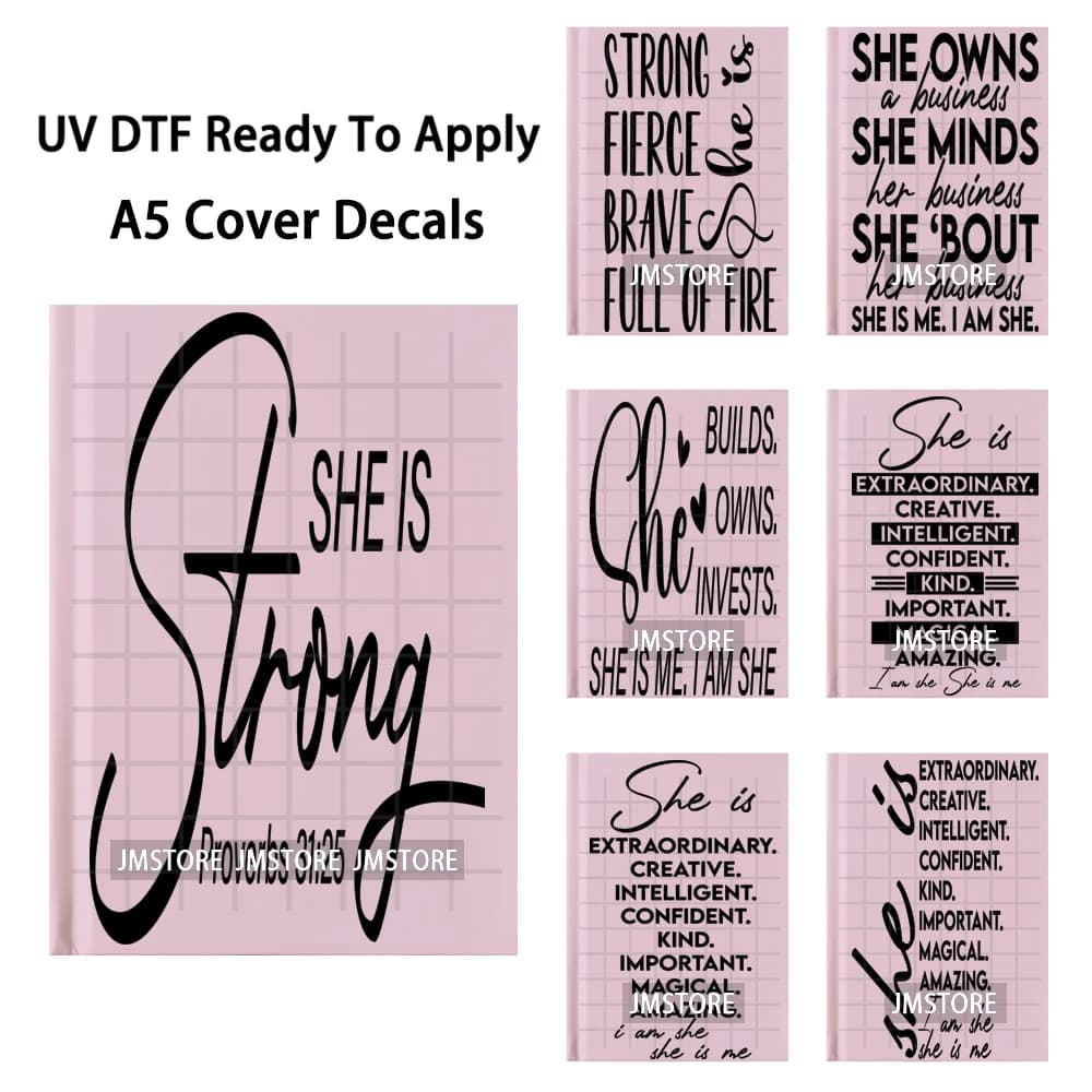 Adesivi UV DTF per copertine di quaderni SheLis Worthy Positive Affirmations, pronti da applicare, resistenti, per copertine di diari A5