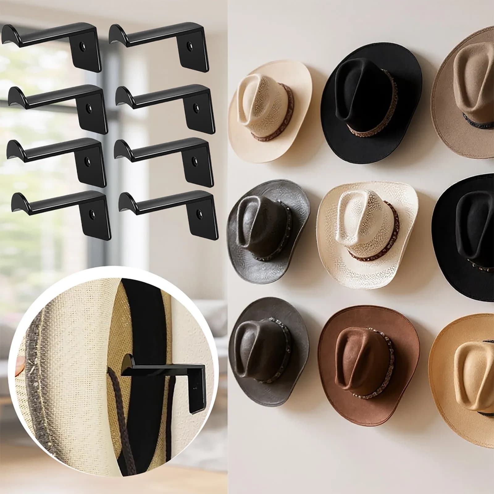 1/4/8/12 Pack 2.7 Inch Hat Hooks for Wall Cowboy Hat Rack, Strong Adhesive Cap Holder Organizer for Baseball Caps Black