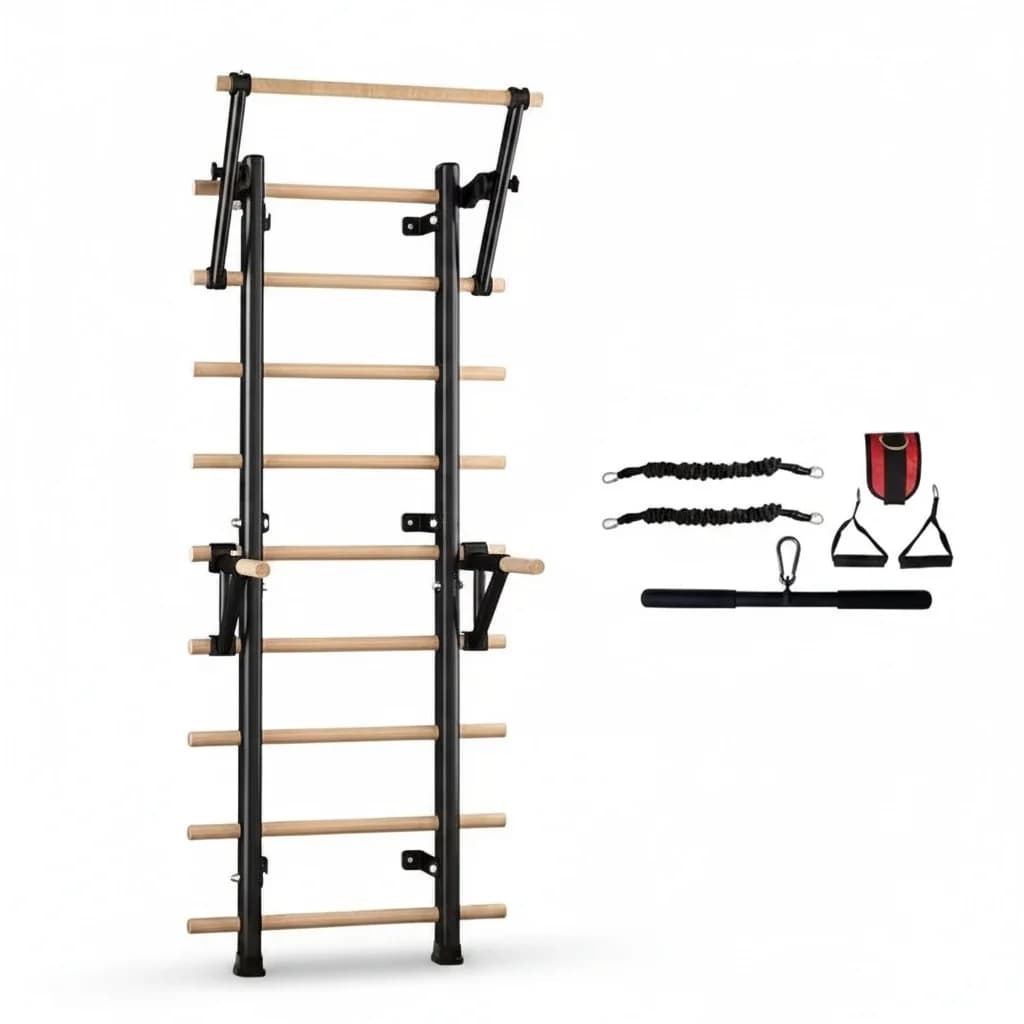 Scala svedese, Barra per trazioni a parete in acciaio e legno, Stazione parallela per dip, Barre parallele 1979x800mm, Attrezzatura per palestra domestica