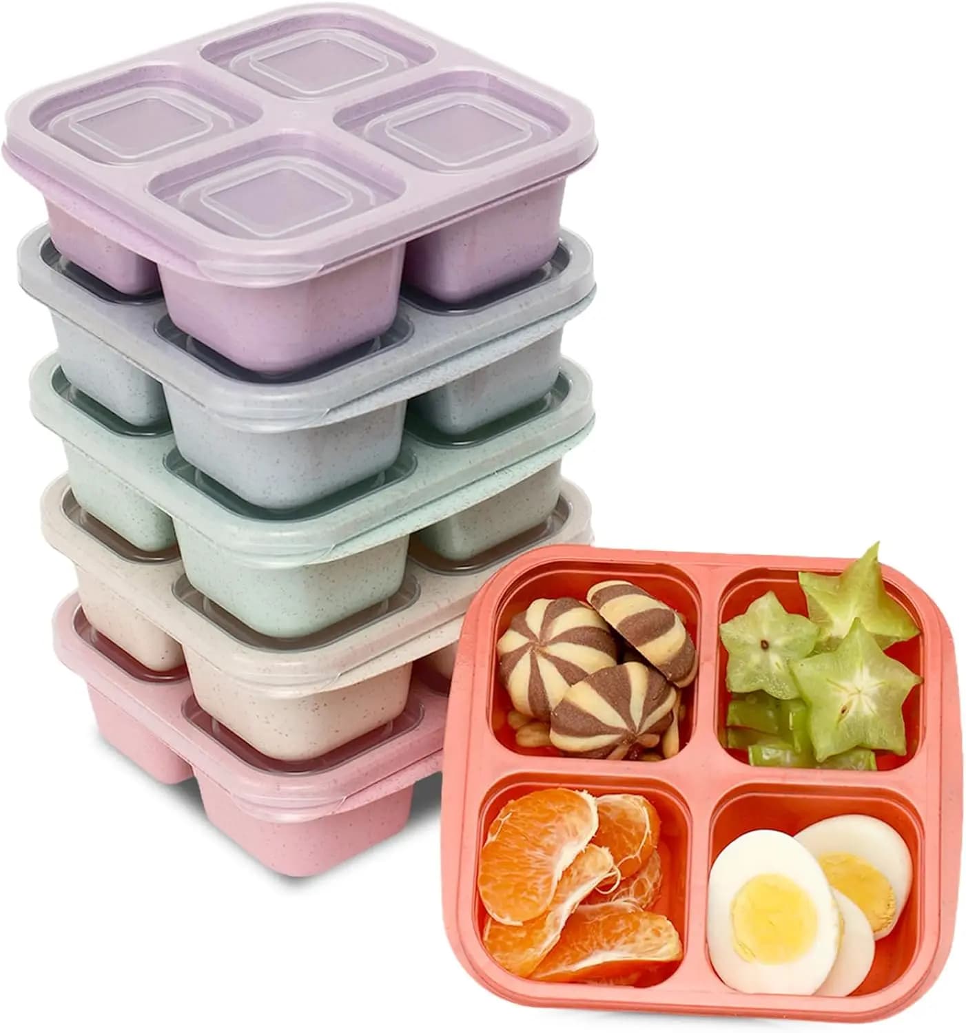 6 Pack Snack Containers, 4 Compartment Snack Box Containers Bento Box, Reusable Meal Prep Lunch Containers for Adults Kids Toddl