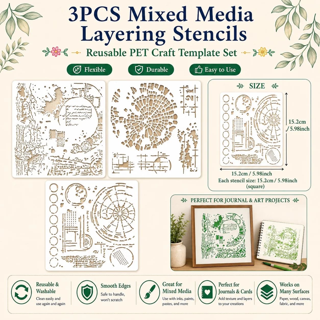 3pcs Vintage Compass & Globe Stencil Set-PET Retro Map Stencils with Compass Templates for DIY Crafts,Scrapbooking,Card Making