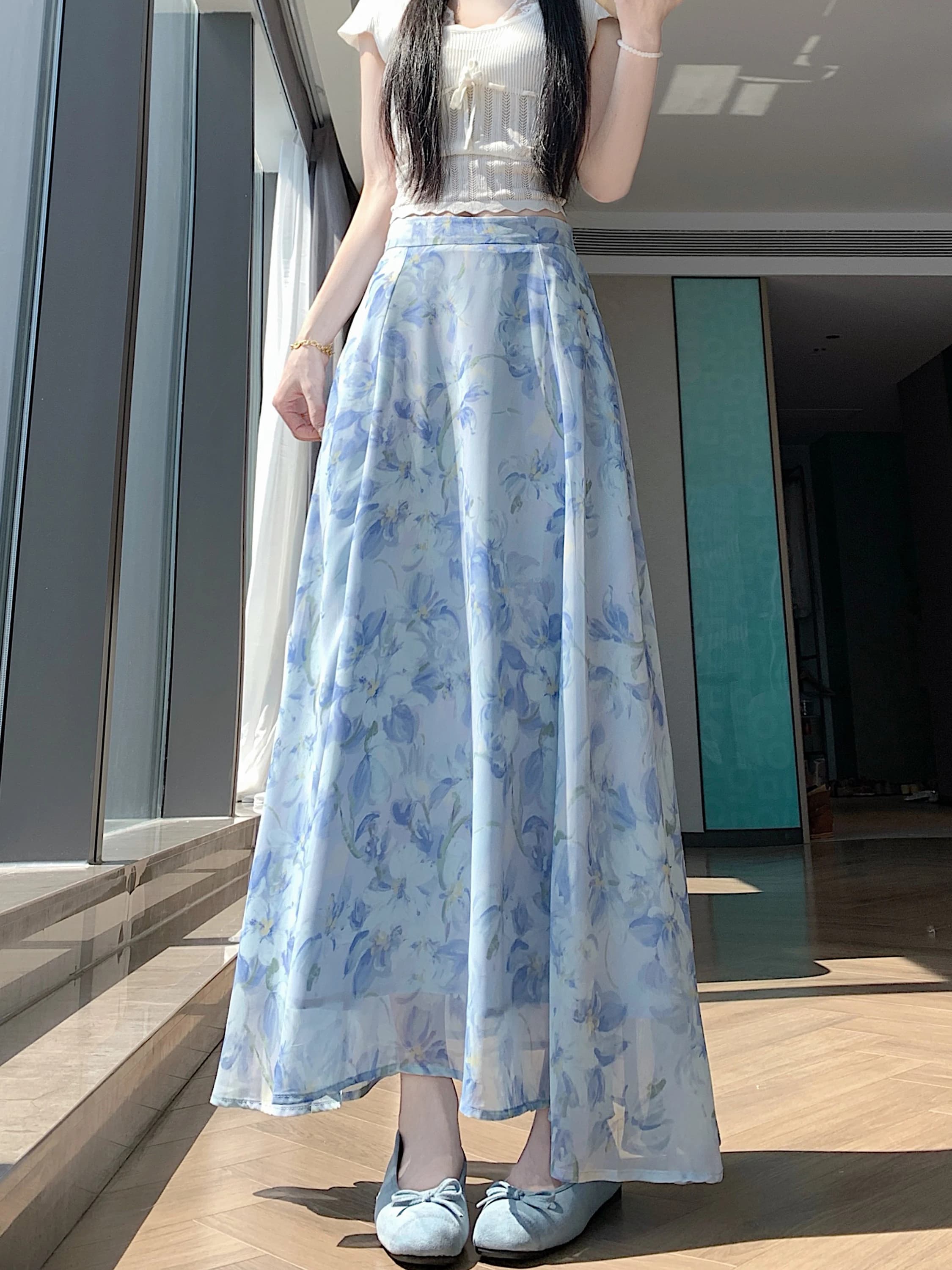 Gonna Lunga Blu Floreale in Chiffon da Donna, Nuova Collezione Estiva, Sottile, Casual, Drappeggiata, a Balze, a Vita Alta, in Poliestere