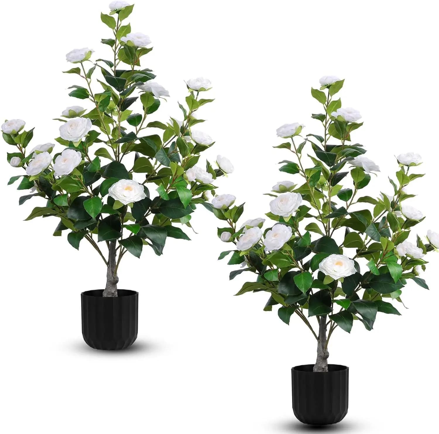 2 Pieces of Artificial Camellia Trees in Vase with White Flowers, Interior Plants for Spring Decorations and External Portico