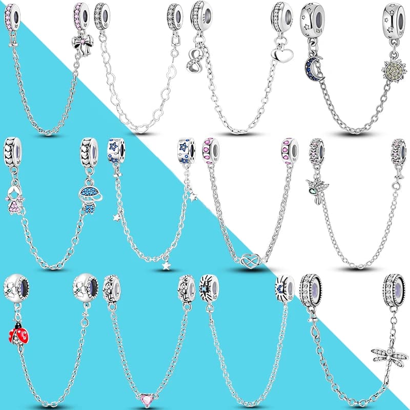 Silicone Safety Chain Charm 925 Sterling Silver Fit Original 925 Beads Moon Star Butterfly Heart Safety Chain Women Jewelry Gift