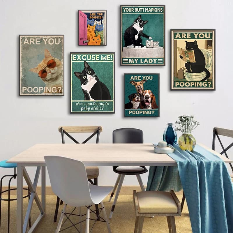 Stravagante bagno animale poster divertente giocoso gatto e cane tela pittura sei cacca testo umoristico bagno toilette arredamento