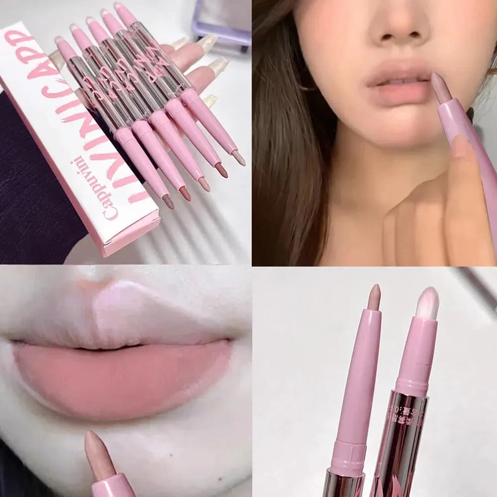 Matita per labbra nude con pennello per labbra Cappuvini Trucco per labbra in stile coreano Rossetto opaco in velluto lungo