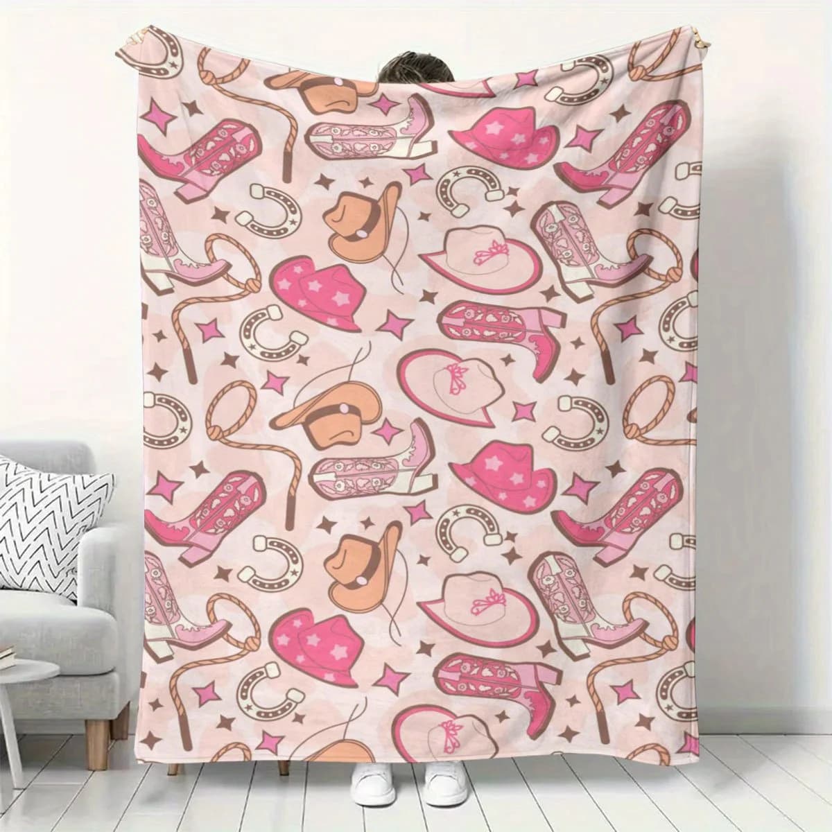 1 piece of western cowgirl hat and flannel blanket with boots print - soft, cozy, warm pink with digital print for sofa, sofa, bed