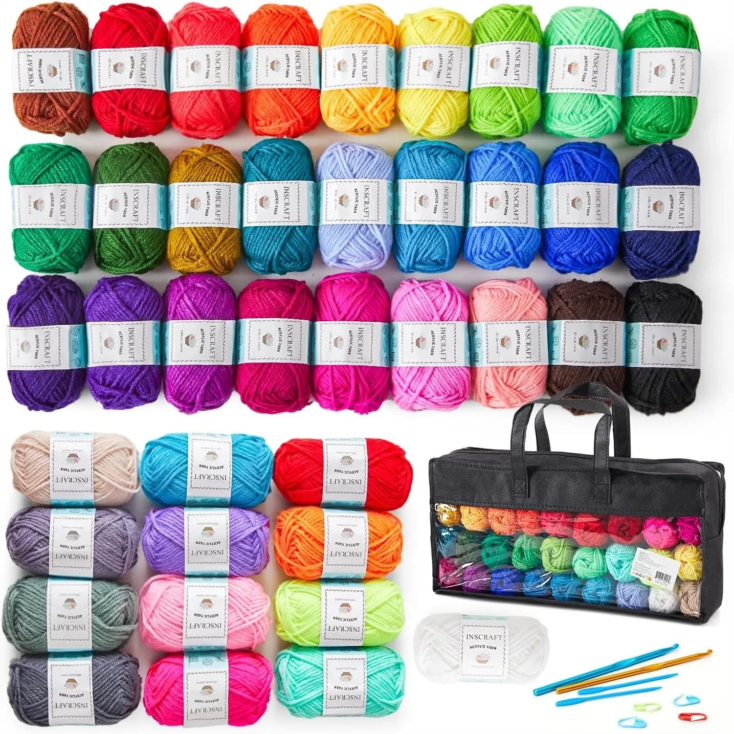 Kit di Filati per Uncinetto 40 Colori 1400 Iarde, Gomitoli di Filato Acrilico con 2 Uncinetti, 2 Ferri, 4 Segnapunti, Borsa Portaoggetti, per Lavori a Maglia