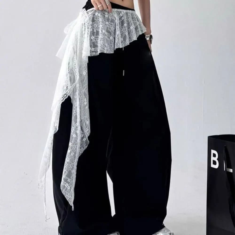 Embroidered Flower Lace Mini Skirt Irregular Y2K Streetwear Lace Up Ruffles Skirt High Waist Lace-up Design Butt Curtain