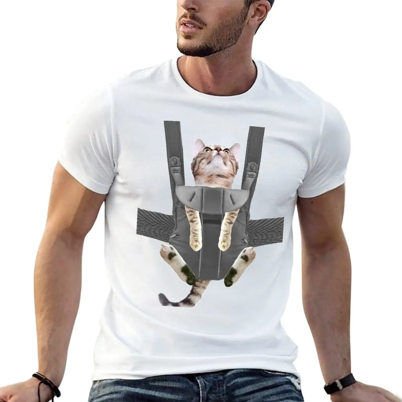 Oliver the Cat in Baby Carrier T-Shirt Casual Loose Fit Summer Tee Shirt