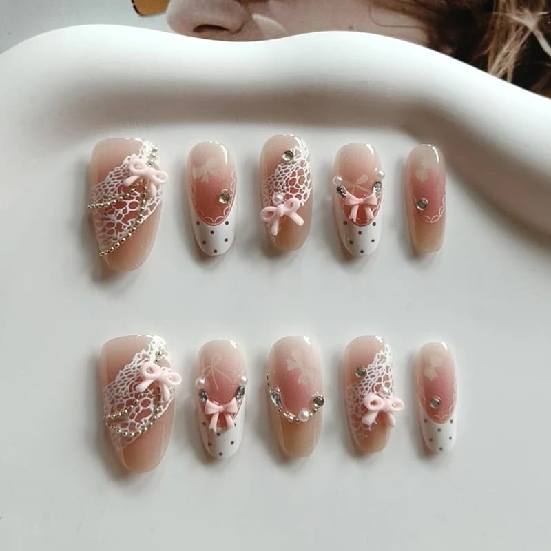 10Pcs French Style 3D Bowknot Rhinestone Lace Polka Dots Design Handmade Press on Nails Almond Shape Love Gentle Fake Nails