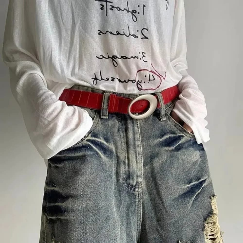 Simple Leather Women's Red Belt Oval Buckle Crocodile Pattern Rivet Belt Punk Style High Street Jeans Belt Wide Waistband