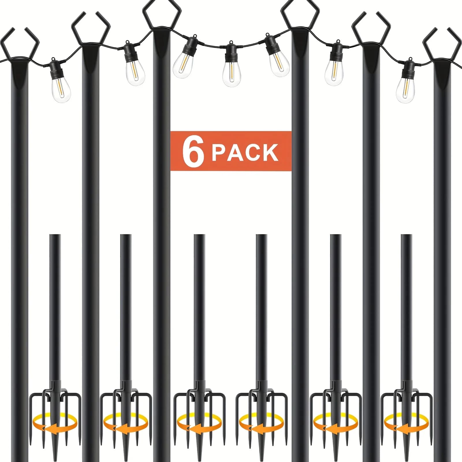 Set di 6 Pali per Luci a Corda, Pali da 3,38 m per Luci Esterne, Palo per Luci da Esterno con Forca, Supporto in Metallo per Luci PA