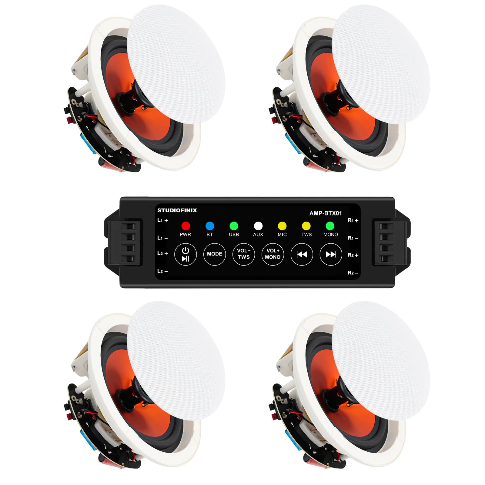 Altoparlanti da Soffitto Bluetooth STUDIOFINIX 4'' con Amplificatore a 4 Canali, Potenza Massima 480W, 4 Altoparlanti, Audio Nitido per Soggiorno, Ufficio, Cucina