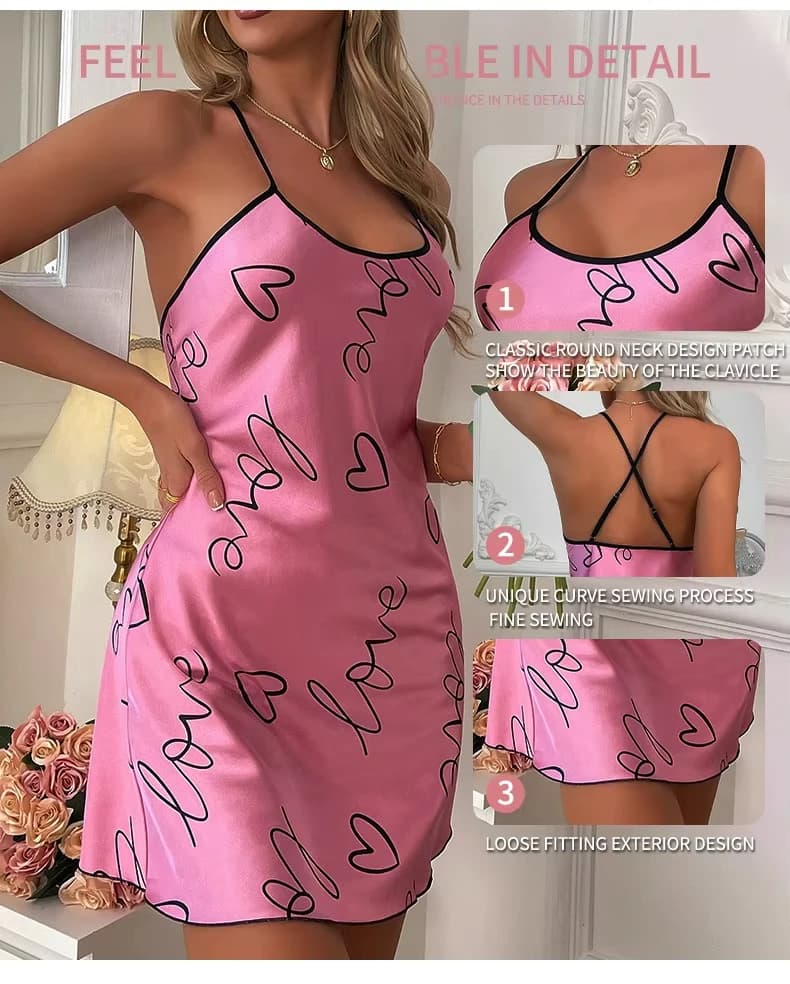 Camicia da notte con stampa di lettere a cuore Abito da notte casual con scollo tondo e cinturino per spaghetti Abiti da notte da donna