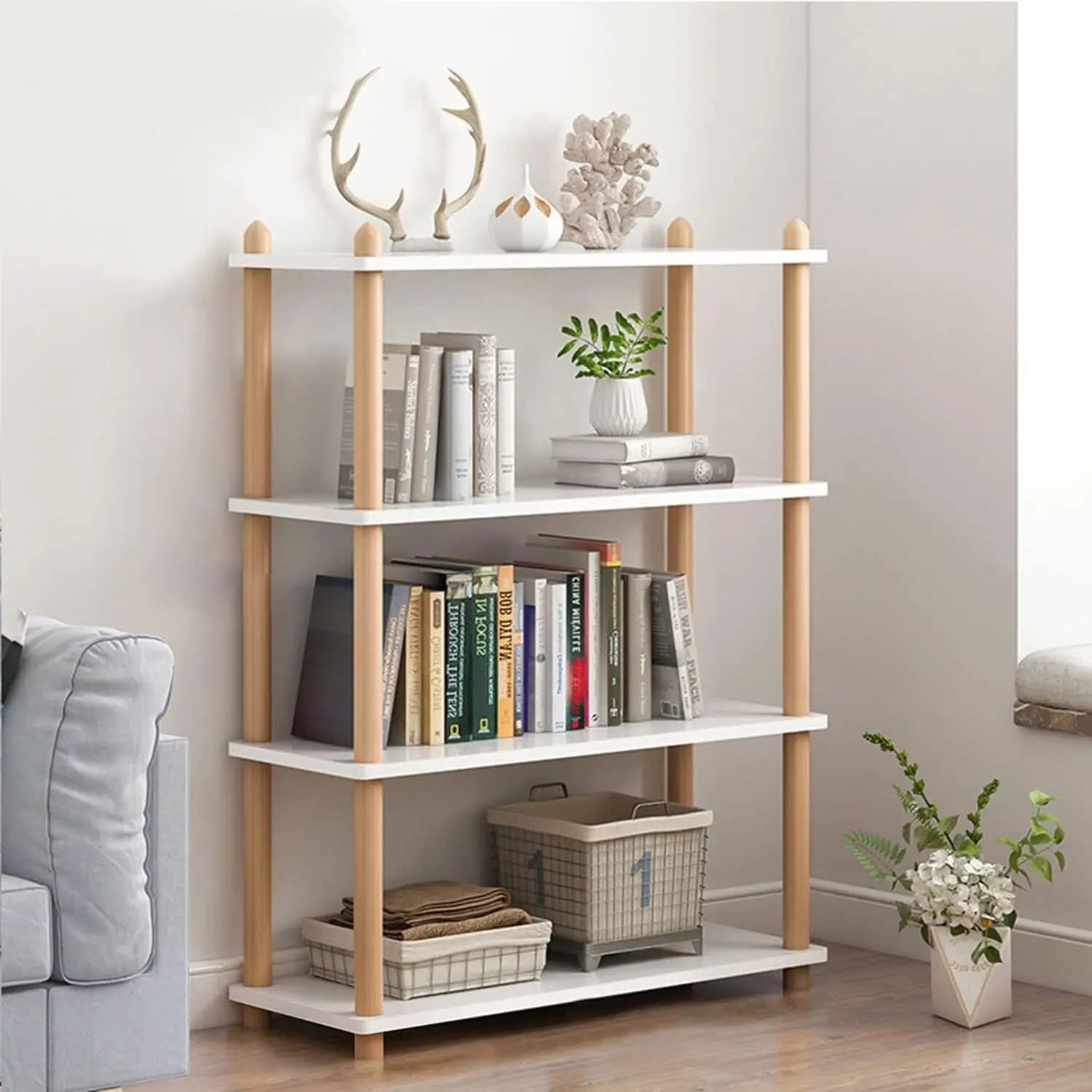 Libreria in Legno a 4 Ripiani, Scaffale Moderno Aperto, Espositore per Casa e Ufficio, Bianco Rettangolare