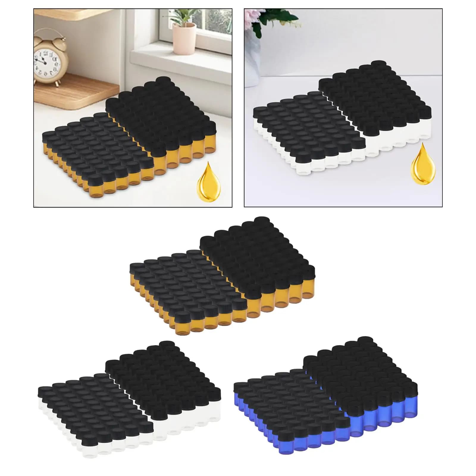 100x Flaconi in Vetro per Oli Essenziali, Piccole Fiale per Campioni Liquidi con Tappo Nero, Mini Bottiglie in Vetro per Campioni, Ideali per Viaggi all'Aperto