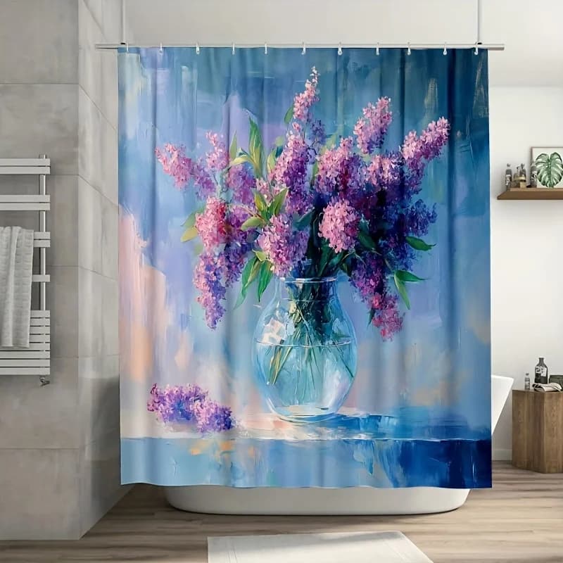 Tenda da doccia con fiori lilla in vaso di vetro - 70,8x70,8 pollici, poliestere resistente, facile da pulire, templo spazio con ganci