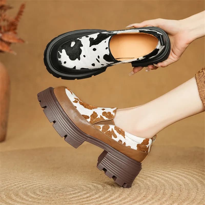 New Women's Shoes in Horse Crine Spring/Autumn, Fashion Leopard Print, Round Toe, High Heels, Plateau, Mocassini