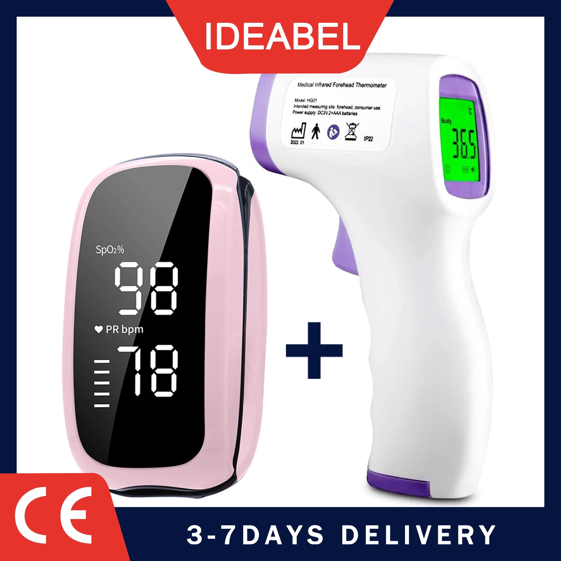IDEABEL Electronic Infrared Thermometer Without Contact for Fever, Newborns and Adults, Rechargeable, with Medical Oximeter