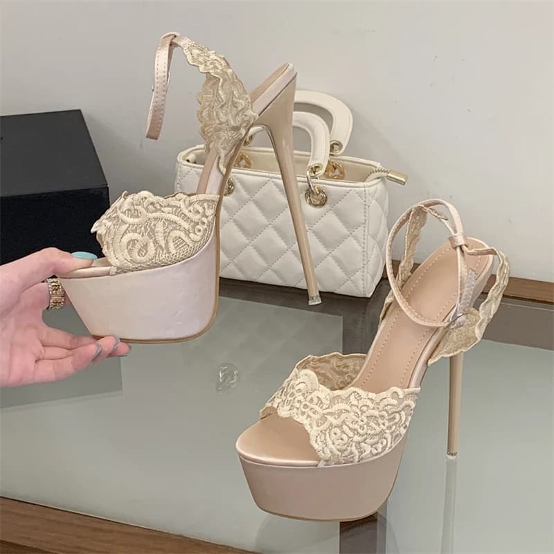 Sandali Estivi Sexy Aneikeh con Tacco Alto e Plateau, Punta Aperta in Pizzo, Impermeabili, Suola Spessa Nera, Scarpe da Donna