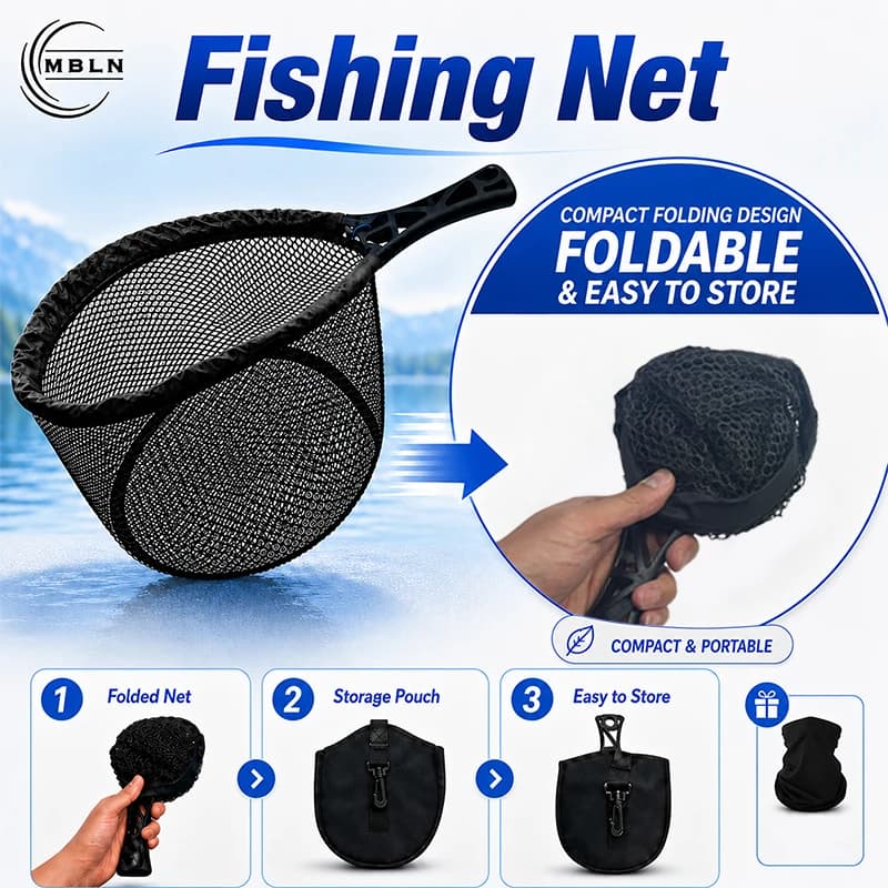 Foldable Rubber Fishing Net with Storage Pouch, Lightweight Fish-Friendly Landing Net for River, Lake and Stream Fishing