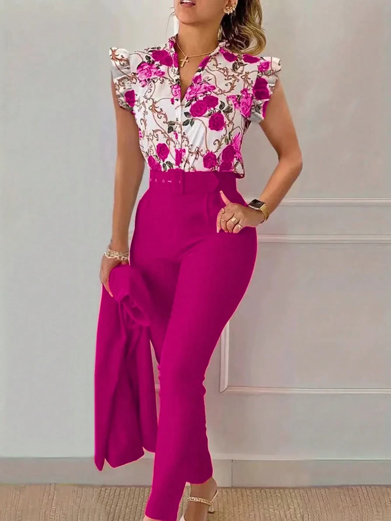 Set di camicetta estiva casual da donna con maniche a cappuccio e pantaloni a tinta unita