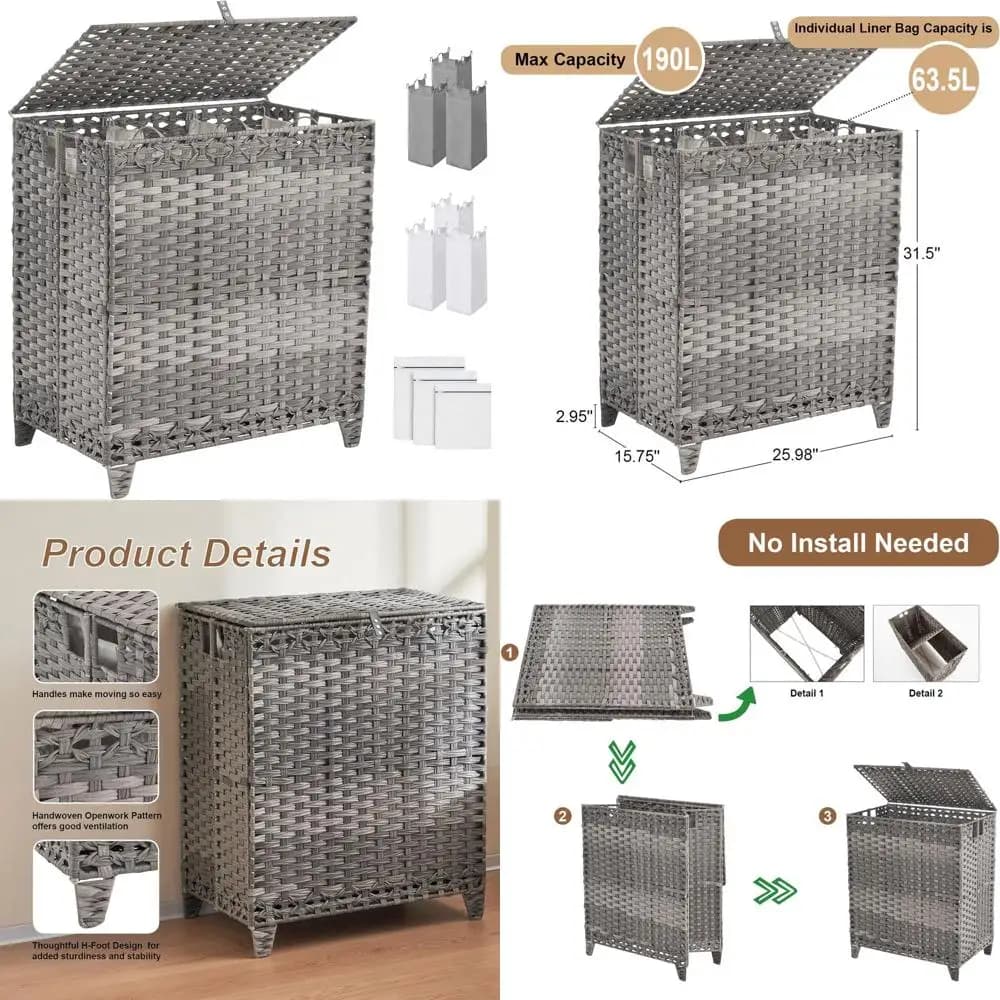 Large Basket from 190L to 3 Parts with 6 Removable Lining and 3 Bags on the Net, Grey
