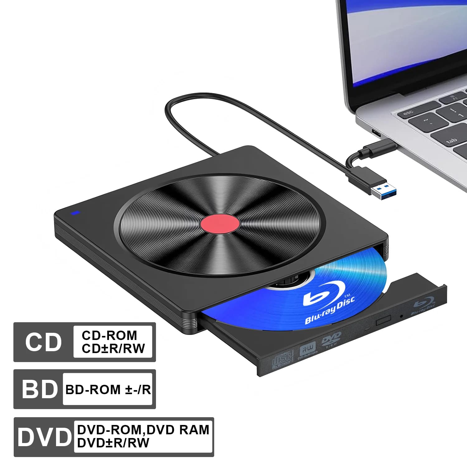 Unità Blu-ray esterna, lettore BD USB 3.0 e tipo C, masterizzatore DVD/CD – Lettore Blu-ray portatile per PC portatile, sistema operativo Windows/Linux/Mac