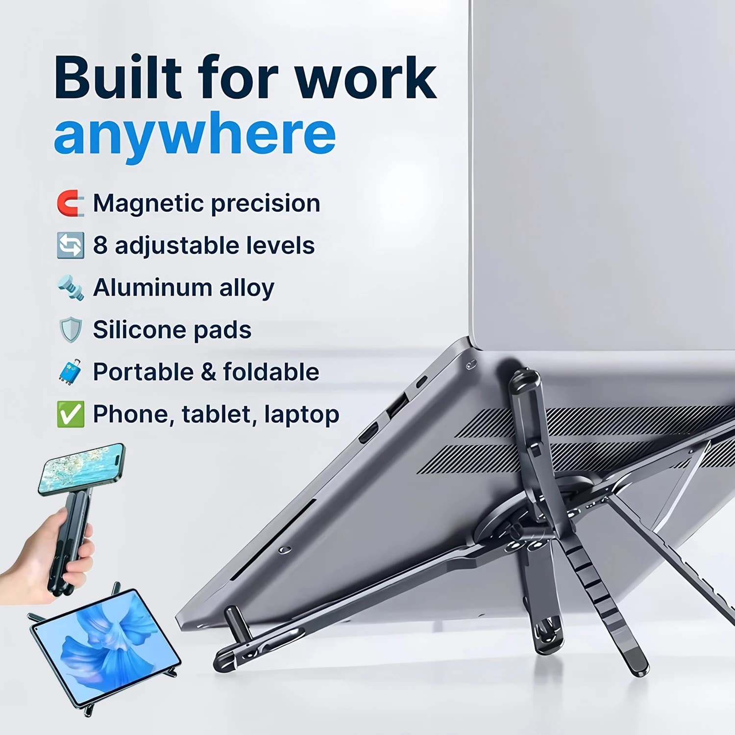 Supporto multifunzione per laptop per Macbook, supporto regolabile per computer e tablet, supporto magnetico per telefono, treppiede da tavolo pieghevole portatile