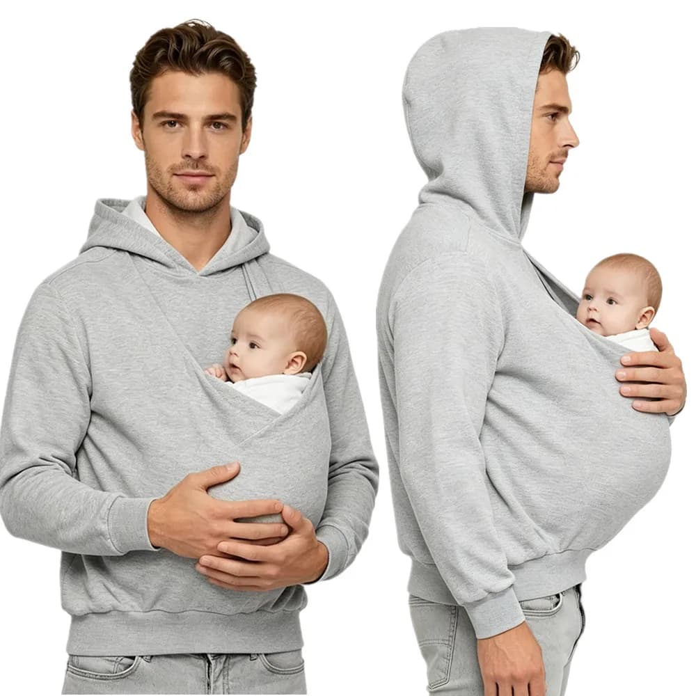 Men Dad and Baby Carrier Kangaroo Hoodie Long Sleeve Front Large Pouch Hooded Sweatshirt for Outing Travel Homewear Sportswear