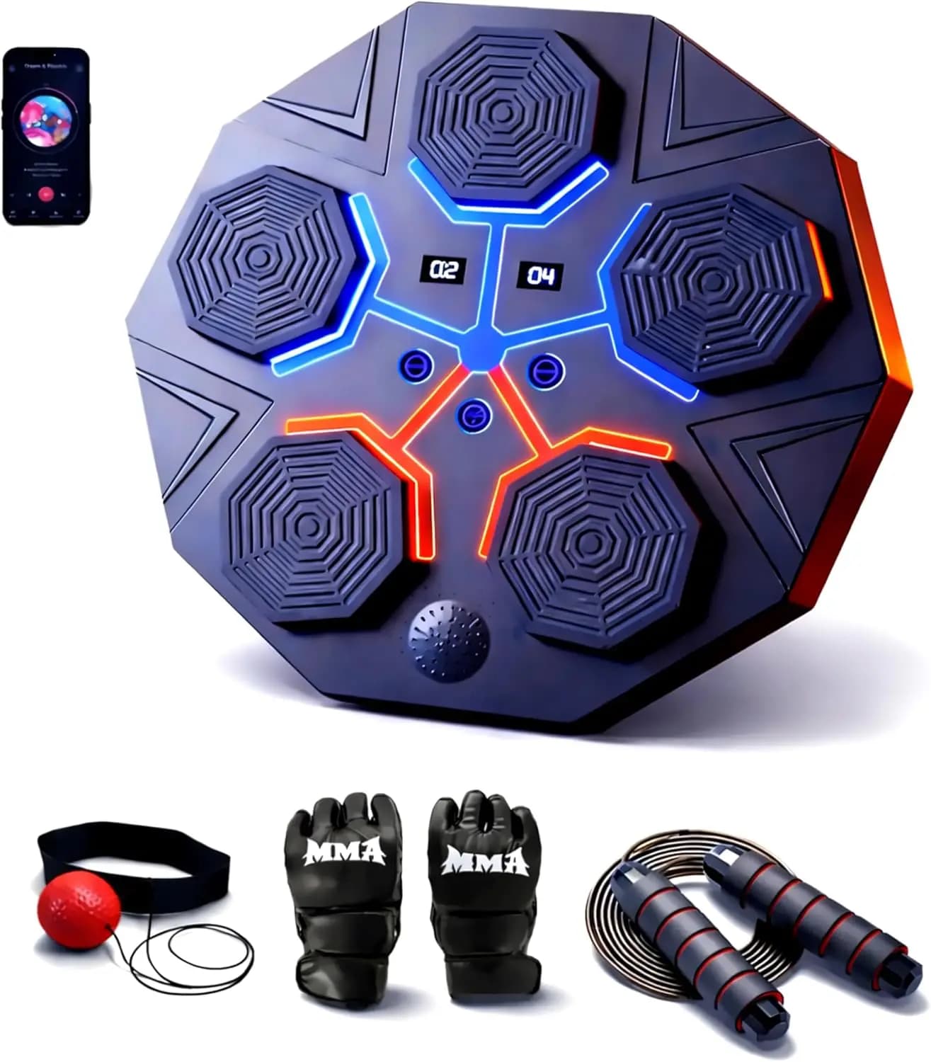Macchina da Boxe Bluetooth a Parete con Target LED, Guanti Professionali e Fascia per la Testa con Palla Reflex per Allenamento Cardio a Casa