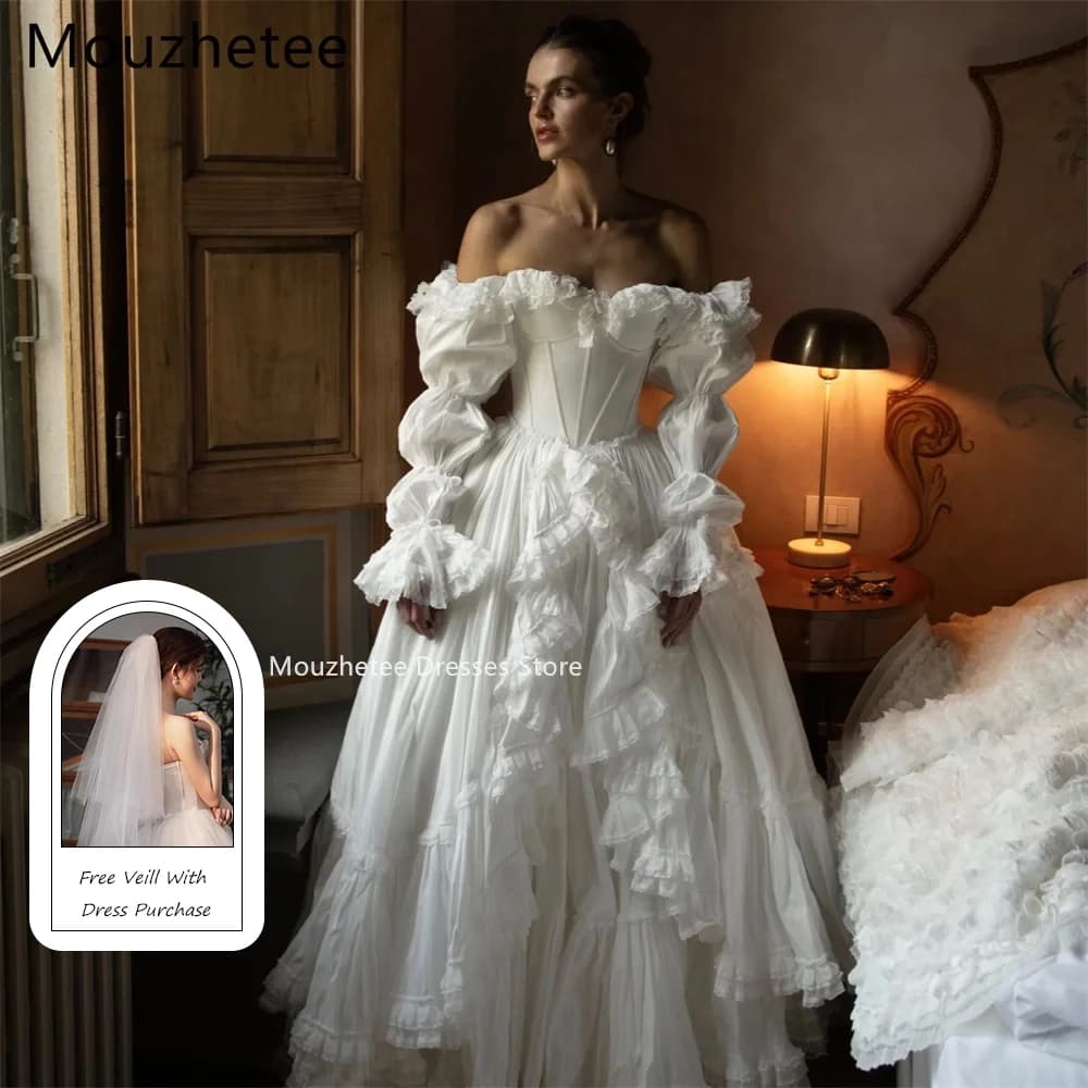 Mouzhetee Abito da sposa elegante a trapezio con spalle scoperte, classico in pizzo a maniche lunghe, su misura 2025