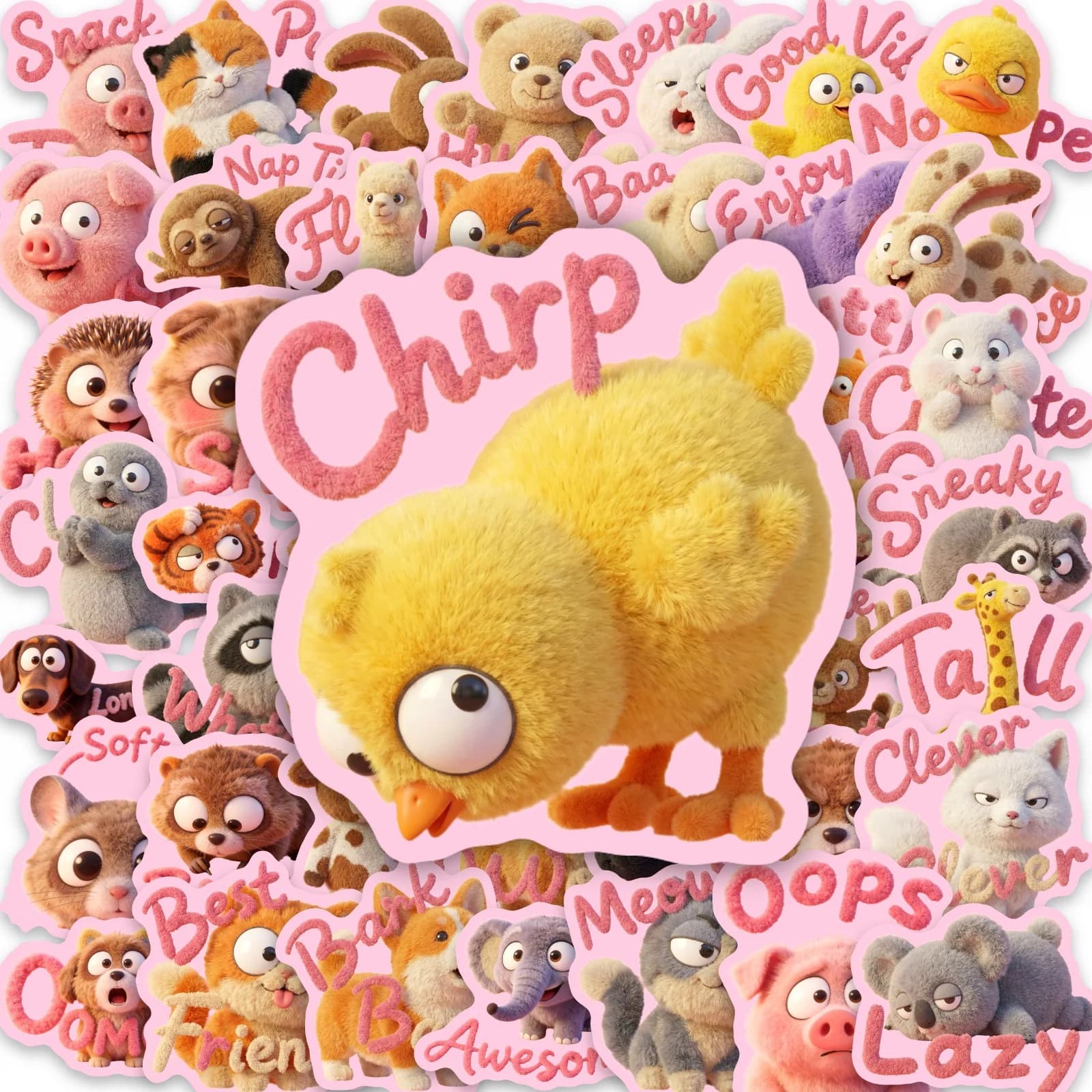 50Pcs 3D Plush Toy Cartoon Stickers Pack Student Scrapbook Card Stationery Box Phone Helmet Cute Animal English Decorate Decals