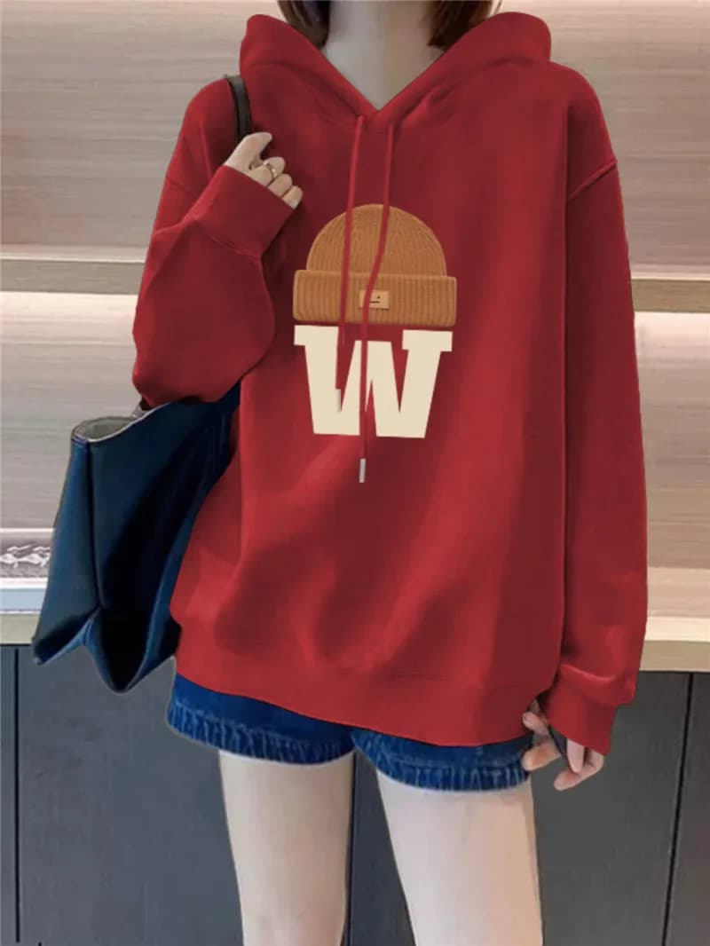 American High Street Fleece Lined Thickened Hoodie Women's Winter New Casual Versatile Outerwear Top round Neck Long Sleeve