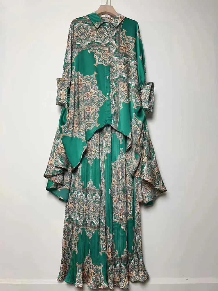 Jarlrysberg 2025 of the new women Summe Retro geometric printed loose irregular shirt set of two pieces + wide leg wide pants Set