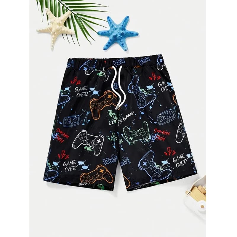 Pantaloncini da spiaggia con grafica con manico per uomo Game Over Pantaloncini da surf stampati in 3D Pantaloni corti da vacanza casual estivi Tronchi da surf larghi per bambini