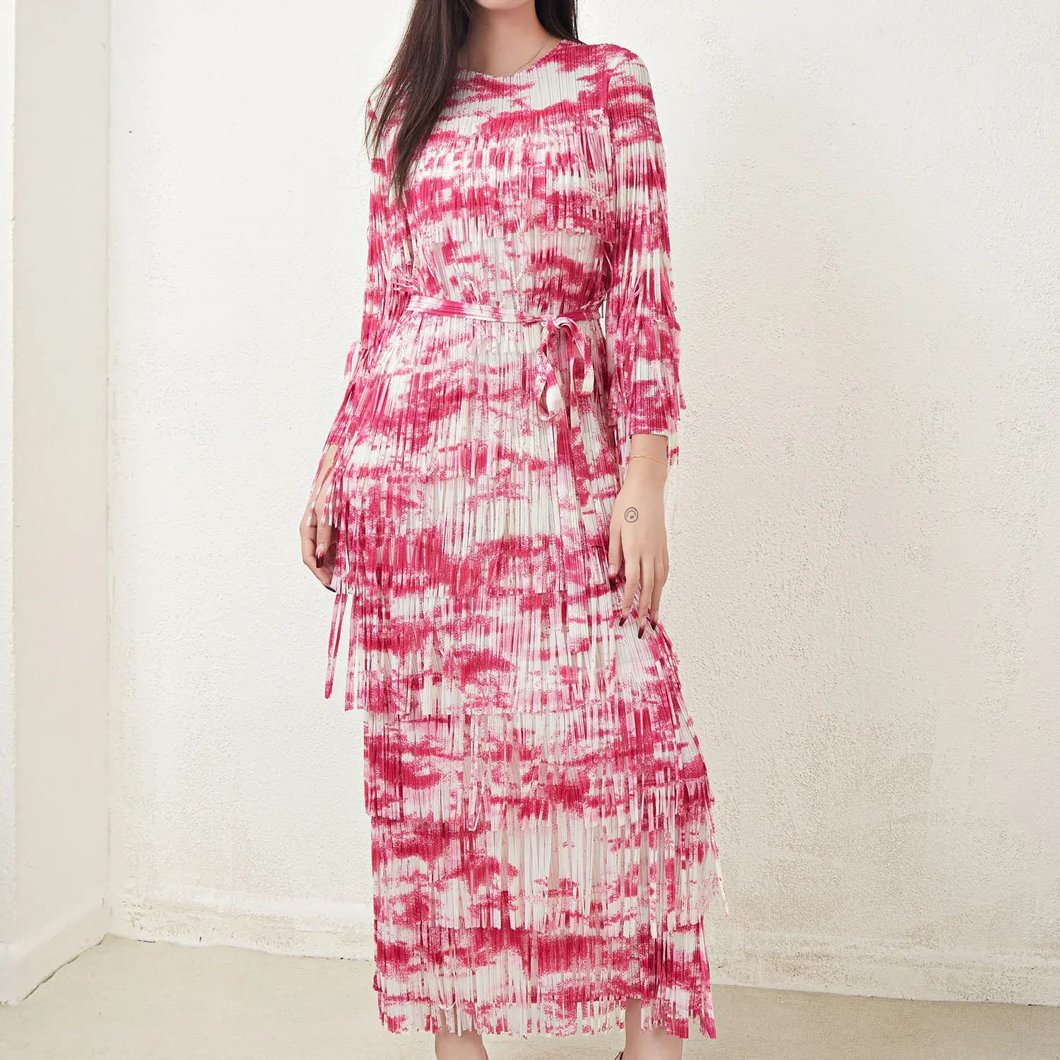 Abito Lungo da Donna con Stampa e Frange, Vita Alta, Gonna Asimmetrica, Maniche a Volant, in Poliestere, Moda Casual Primavera-Autunno