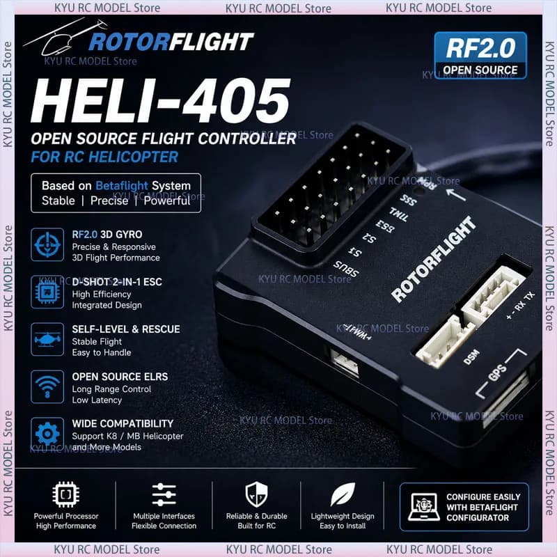 FLYWING Rotorflight HELI-405 Elicottero RC con Controller di Volo RF2.0, Giroscopio 3D, Open Source Betaflight, ELRS, Autolivellamento e Funzione di Soccorso