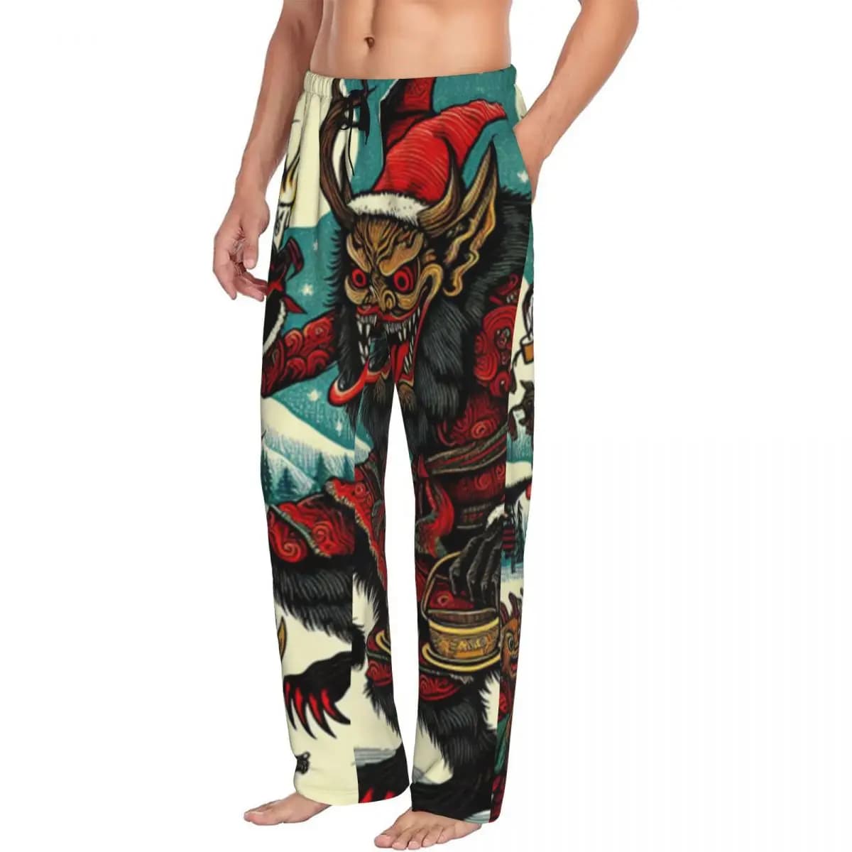 Custom Japanese Woodcut Krampus Men Pajama Pants Lounge Sleep Sleepwear Bottoms with Pockets