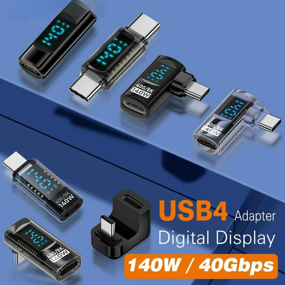 90 Degree USB C Adapter Right Angle U Shape USB4 Type C Adapter 40Gbps with LED Display PD 140W 8K Extender for Thunderbolt 3/4
