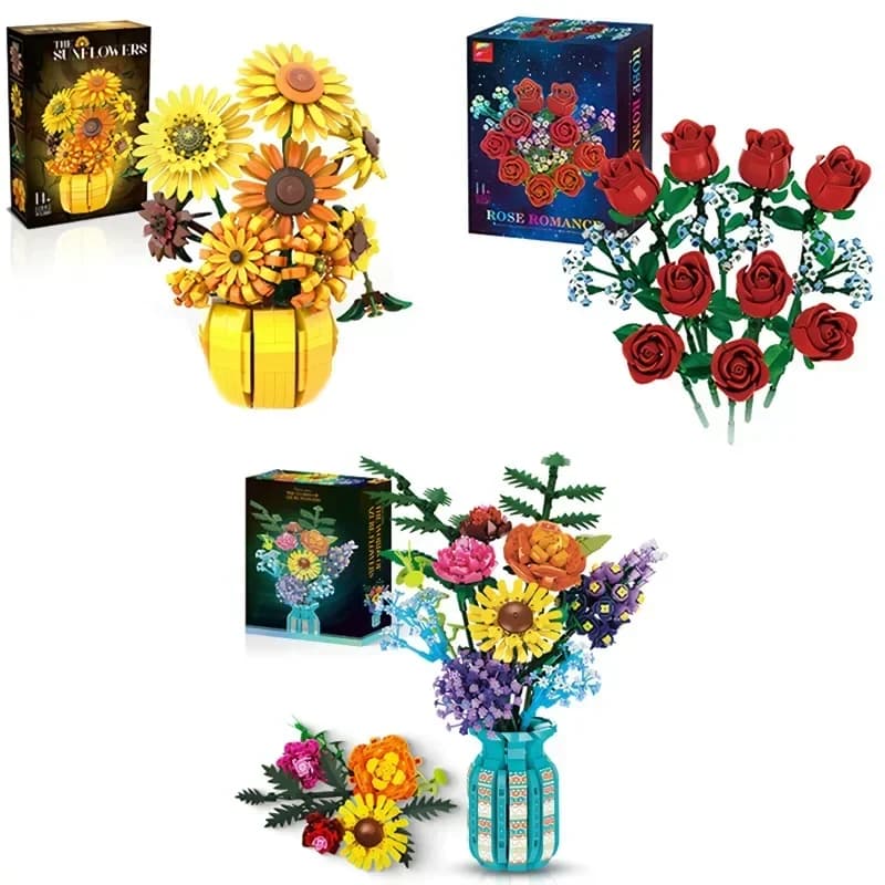 Rosa Girasole Tulipano Building Blocks Bouquet di fiori Vaso Modello Mattoni Set Decorazione della casa Giocattoli educativi per bambini Regali di festa